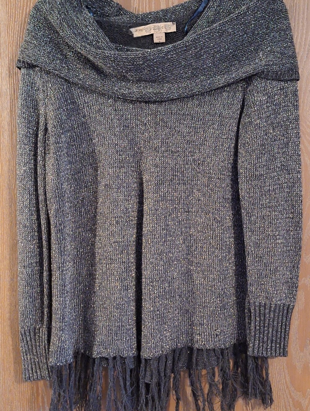 Vintage America Metallic Charcoal Off-Shoulder Fringe Sweater